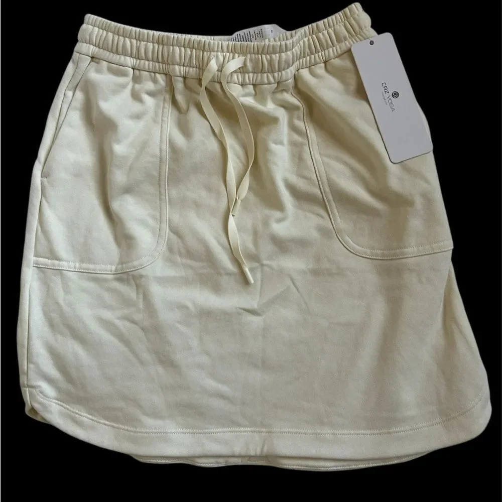 CRZ YOGA Cotton Sweat 17'' Jersey Skirt with Pockets, White Apricot, XS, NWT